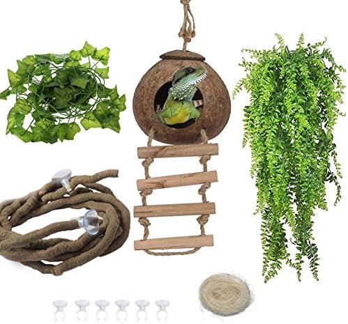 kathson Lizard Coco Den with Ladder, Bearded Dragon Tank Accessories Gecko Coconut Husk Hut with Jungle Climber Vines with Suction Cups Habitat Décor post thumbnail image