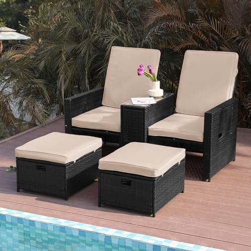 BAIJIAWEI B Patio Wicker Loveseat Adjustable Lounge Chair with Ottoman Footrest, Wicker Furniture for Garden, Patio, Balcony, Beach, Coffee Bar, Deck (Black Wicker Khaki Cushion) post thumbnail image