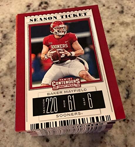 2019 Panini Contenders Draft Picks Complete Football Set of 100 Season Tickets Cards Hand Collated and Straight from Packs in Near Mint to Mint Condition. Set includes many current and former stars in their collegiate uniforms such as Baker Mayfield, Patrick Mahomes, Tom Brady, Aaron Rodgers, Adam Thielen, Adrian Peterson, Jerry Rice, Emmitt Smith, Joe Namath and many, many, more Officially licensed NFL Players Assoc / NCAA Product BONUS LEAF DRAFT PACK with a possible Joe Burrow Gold Rookie post thumbnail image