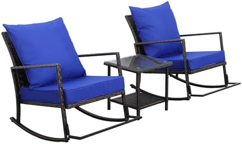 Rattaner Patio Rocking Chair Side Table 3 Pieces Outdoor Chairs Bistro Set with Tempered Glass Coffee Table Outdoor Table and Chairs Anti-Slip Cushions, Royal Blue post thumbnail image