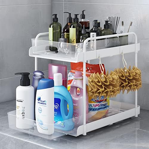 Pull Out Under Sink Organizer, Sliding Cabinet Basket Organizer, 2 Tier Clear Under Bathroom Storage Rack with Hooks, Multi-purpose Storage Shelf for Bathroom Kitchen, transparent & White post thumbnail image