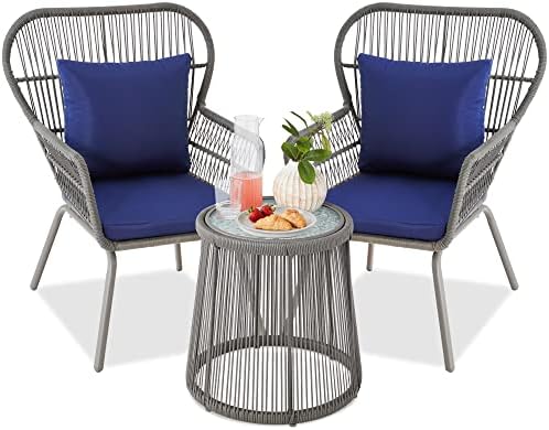 Best Choice Products 3-Piece Patio Conversation Bistro Set, Outdoor All-Weather Wicker Furniture for Porch, Backyard w/ 2 Wide Ergonomic Chairs, Cushions, Glass Top Side Table – Gray/Navy post thumbnail image