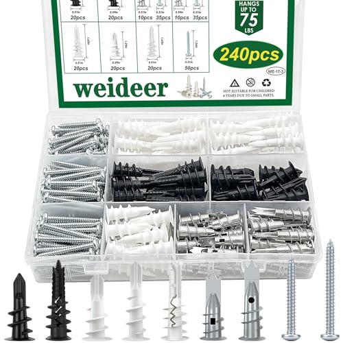 weideer 240Pcs Self-Drilling Drywall Anchors with Screws Kit, Including 120Pcs Anchors and 120Pcs #8 Screws – Holds Upto 75lbs, for Drywall Hanging and Mounting No Drill Hole post thumbnail image