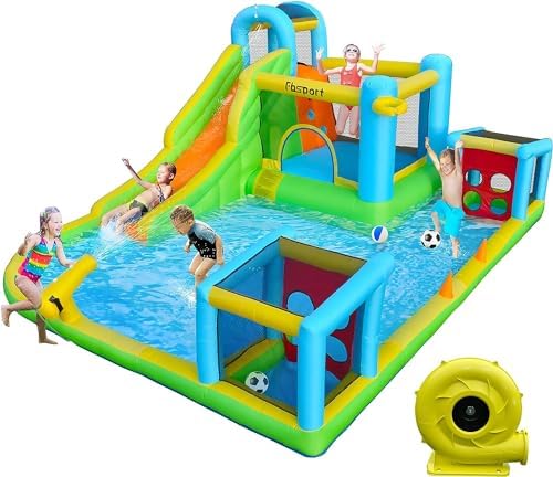 FBSPORT Inflatable Bounce House, 9 in 1 Water Slide with Blower, Bouncy House for Kids Indoor Outdoor Wet Dry Combo Water Bounce House with Football Shooting, Water Gun, Splash Pool, Bounce Area, Hose post thumbnail image