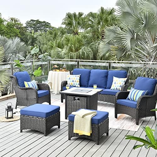 Patio Furniture Set Outdoor Conversation Sofa with 30 Inch Square Propane Fire Pit Table,All Weather PE Rattan High Back Outside Couch for Deck,Backyard and Garden,Brown Wicker Navy Blue post thumbnail image