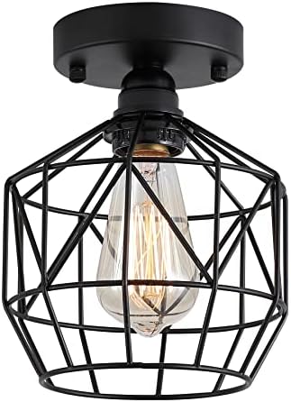 Q&S Black Semi Flush Mount Ceiling Light Industrial Vintage Retro Cage RV Small Ceiling Light Fixture for Hallway Closet Kitchen Stairway Bedroom post thumbnail image