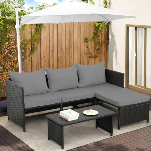 Valita 3-Piece Outdoor PE Rattan Furniture Set Patio Black Wicker Conversation Loveseat Sofa Sectional Couch Gray Cushion post thumbnail image