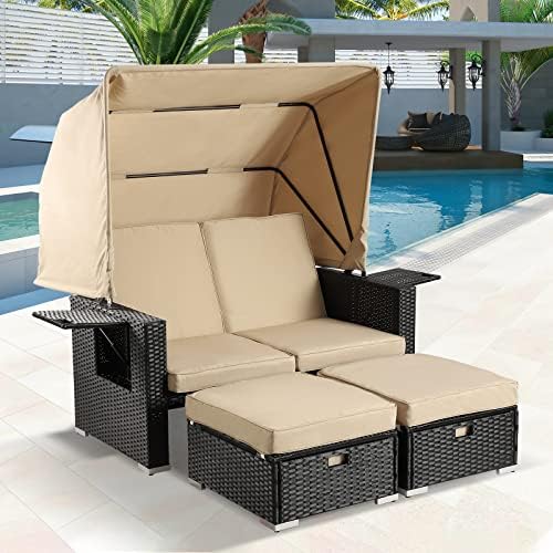 MAGIC UNION Outdoor Furniture Wicker Loveseat Sofa Set with Retractable Canopy, Rattan Patio Seating Chairs Poolside Sunbed with Ottomans, Khaki Cushions for Backyard post thumbnail image