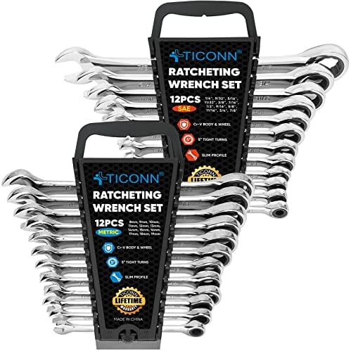 TICONN 24PCS Ratcheting Wrench Set with Organizer Rack, Professional Slim Profile Mechanic Cr-V Ratchet (12PCS Inch (SAE) & 12PCS mm (Metric)) post thumbnail image