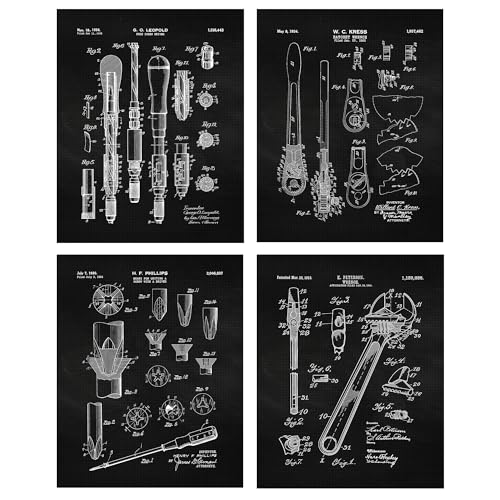 Vintage Builder Hand Trade Tools Patent Prints, 4 (8×10) Unframed Photos, Wall Art Decor Gifts for Home Office Cabin Lodge Garage Shop College Student Teacher Craftspeople Mechanic Building Champs Fan post thumbnail image