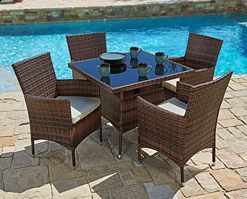 SUNCROWN 5 Piece Outdoor Dining Set All-Weather Wicker Patio Dining Table and Chairs with Cushions, Square Tempered Glass Tabletop with Umbrella Cutout for Patio Backyard Porch Garden Poolside post thumbnail image