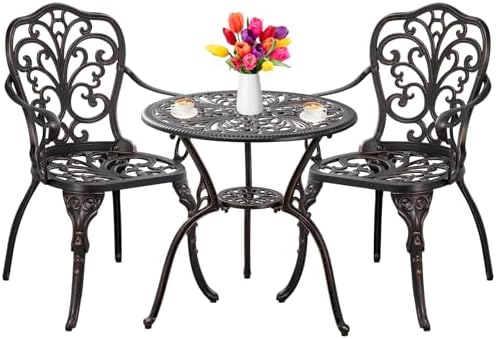 Withniture Outdoor Bistro Table and Chairs Set of 2 Cast Aluminum Patio Bistro Set with Umbrella Hole, All Weather Bistro Table Set for Garden, Bronze post thumbnail image