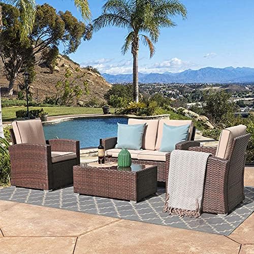 JOIVI Patio Furniture Set, 4 Piece Outdoor Patio Conversation Set, All-Weather PE Rattan Wicker Sectional Patio Sofa Set with Tempered Glass Coffee Table, Brown post thumbnail image