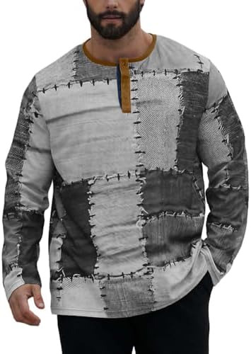 Men’s Henley Shirt Plaid 3D Print Patchwork Pattern Long Sleeve Button Vintage Casual T-Shirt Streetwear Tee Sports post thumbnail image