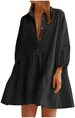 Womens Cotton Shirt Dress Summer Casual Long Sleeve Button Down Beach Cover Up Shirts Pleated Hem Solid Color Skirts post thumbnail image