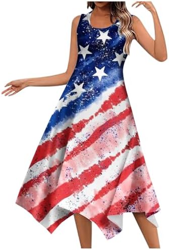 4th of July Sundresses Women USA Flag Sleeveless Sundress Independence Day Printed V Neck Tank Dress post thumbnail image