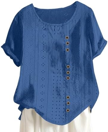 Eyelet Shirt for Women Vintage Floral Print Top Round Neck Tunic Tops Loose Going Out Shirts Button Down Blouse post thumbnail image