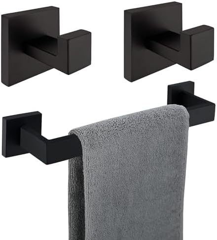 Matte Black Bathroom Hardware Set 3 Pieces SUS304 Stainless Steel Square Wall Mounted Including 12Inch Towel, Robe Towel Hooks,Bathroom Accessories Kit post thumbnail image