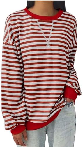 TANGNADE Womens Oversized Striped Blouse Color Block Long Sleeve Shirt Crewneck Pullover Striped Outfits Casual Clothes post thumbnail image