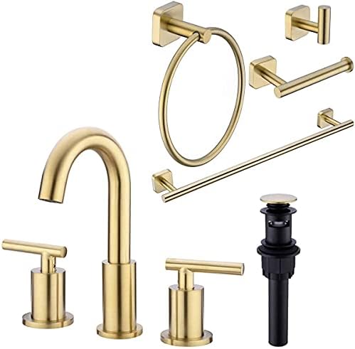 Brushed Gold Bathroom Faucet and 4 Piece Hardware Accessories Set Bundle, 2 Handle 8 Inch Widespread Brass Mixer Tap with Drain Assembly and Stainless Steel Towel Bar Set post thumbnail image