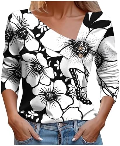 Womens Cotton Tshirts,Casual V Neck Floral Printed Bohemian Top Comfy Cotton Blend Vacation Relaxed Fit Soft Shirts post thumbnail image