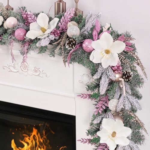 Christmas Garland – 5.9 Ft Christmas Garland for Mantle, Christmas Flocked Garlands with Magnolia Flower Christmas Balls Pink Gold Leaves for Outdoor Indoor Christmas Decor post thumbnail image